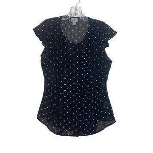 Worthington Polka Dot Ruffle Sleeve Blouse Womens Large Black White Sheer Lined